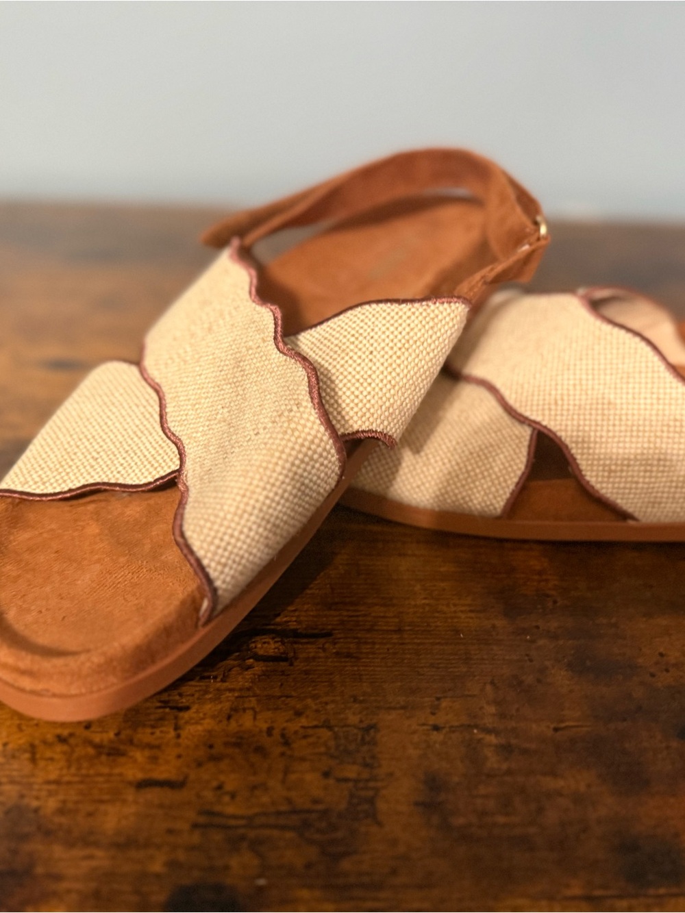 J. Crew Cream and Tan Scalloped Strap Sandals